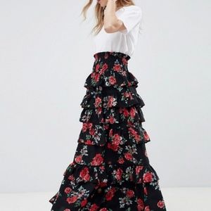 ASOS DESIGN Tiered Maxi Skirt in Floral, Size 14